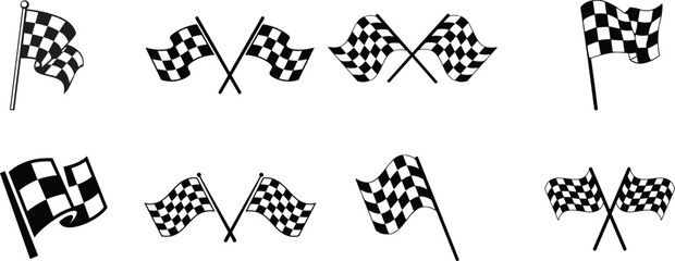 finish flag icon vectorCrossed checkered 3d race flags representing motorsport finish line for car rally isolated on white background. Chequered texture with start at motor road. Waving flag and winni