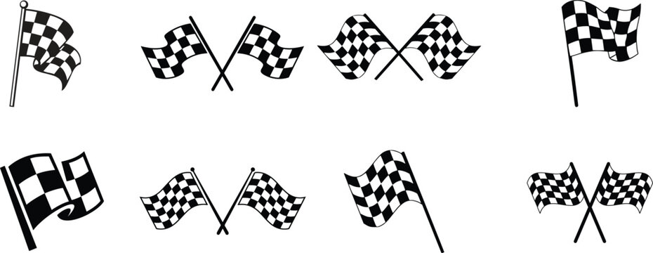 finish flag icon vectorCrossed checkered 3d race flags representing motorsport finish line for car rally isolated on white background. Chequered texture with start at motor road. Waving flag and winni