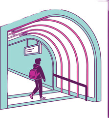 Modern traveler with backpack confidently walks through vibrant subway station tunnel towards destination