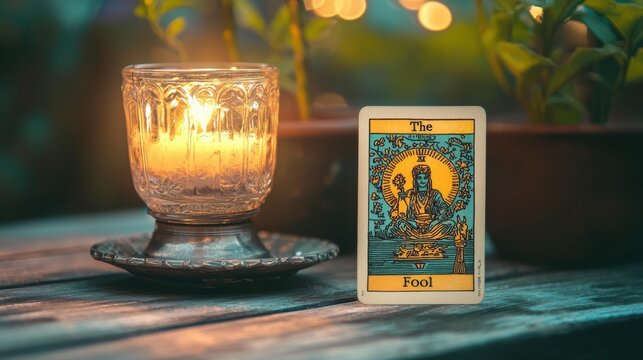 A lit candle sits beside a tarot card reading "The Fool" on a wooden surface, with greenery in the background. AI.
