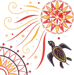 Whimsical sea turtle swims among stars and sunbursts, a vibrant ocean dreamscape perfect for playful designs and vibrant summer themes, radiating joy