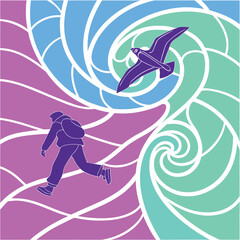 Dynamic stained glass design featuring a traveler and soaring bird against vibrant swirling colors, perfect for travel or artistic projects and designs