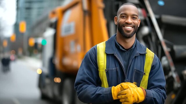 Municipal utility worker in uniform standing beside modern waste collection truck company vehicle door and equipment visible hands adjusting work gloves urban street setting def