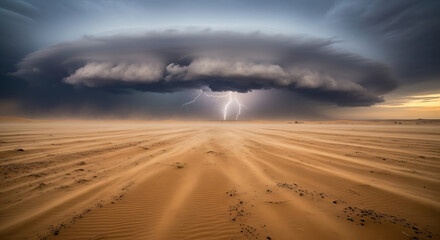 A dramatic landscape with a stormy sky and lightning over a sandy desert expanse in the distance ai generated