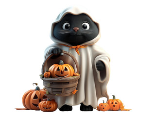 Black cat in a ghost costume holding a basket of pumpkins during Halloween celebration