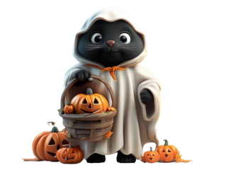 Black cat in a ghost costume holding a basket of pumpkins during Halloween celebration
