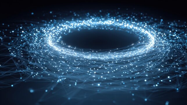 A mesmerizing scene shows a glowing vortex made of particles swirling in a dark setting. The light creates a captivating effect, drawing attention to its beauty.