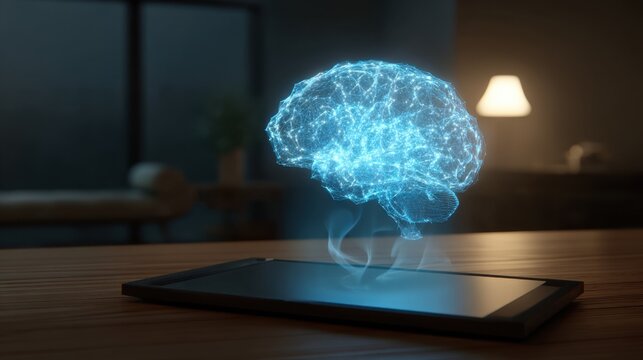 A glowing holographic brain hovers above a tablet on a wooden table in a cozy living room. Soft light from a lamp creates a warm atmosphere in the space.