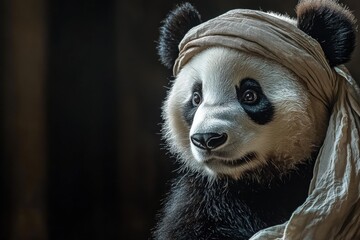 Obraz premium Panda bear face close-up. The panda is wearing a tan colored cloth headdress. The background is dark. AI.
