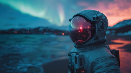Astronaut stands on a beach. The helmet reflects stars and red light. Aurora borealis in the sky. AI.