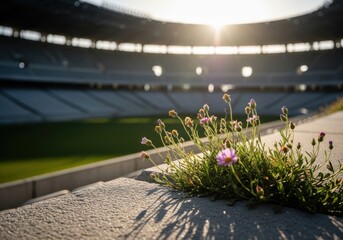 Wildflowers bloom in the foreground of a large, empty stadium at sunset, with the sun casting a warm glow over the scene