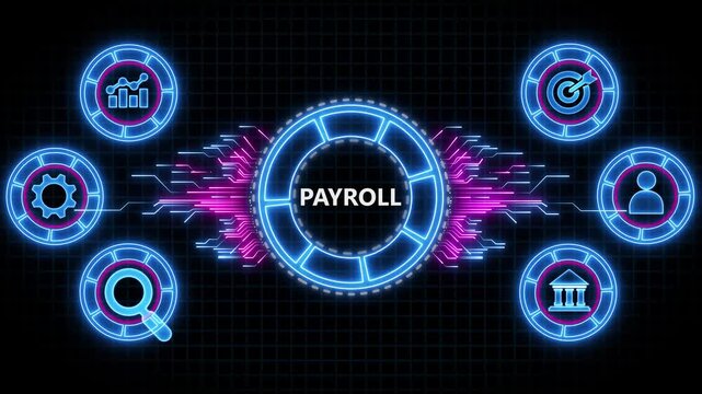 Payroll Business finance concept. Animated Circuit board futuristic processing background.