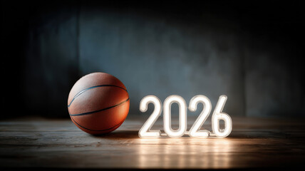 Basketball lies next to glowing «2026» numerals on dark wooden surface. Futuristic sports concept, dramatic lighting, moody atmosphere.