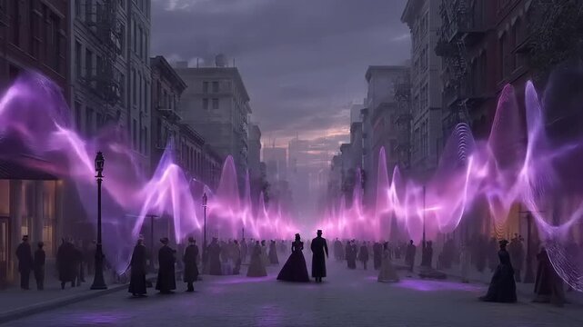 Spectacular urban gathering immersed in luminous spectral waves and a blend of bygone era attire and modern luminescence