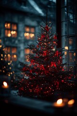 Cozy Holiday Scene With a Decorated Christmas Tree in a Dimly Lit Room