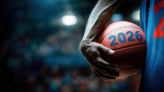 Athlete in blue jersey holds basketball with «2026» inscription, stadium lights create bokeh effect in background. Vibrant sports event atmosphere
