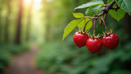 Forest in the background,free space for text on the side, berry in close-up