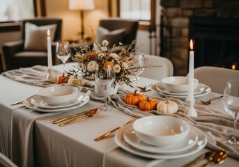 Cozy autumn table setting with pumpkins, candles, and floral centerpiece for a festive meal