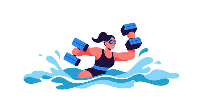 Water Aerobics: Athletic Woman Exercising With Weights in Aquatic Environment