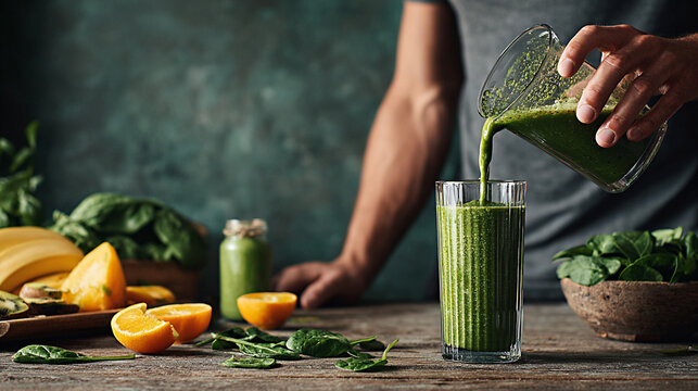 Green smoothie being poured into a glass with fresh fruits and spinach surrounding the scene, showcasing vibrant colors and healthy lifestyle choices