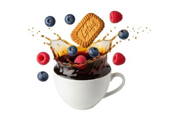 A lotus biscuit splashing into a cup of coffee with fresh blueberries and raspberries, isolated on white background