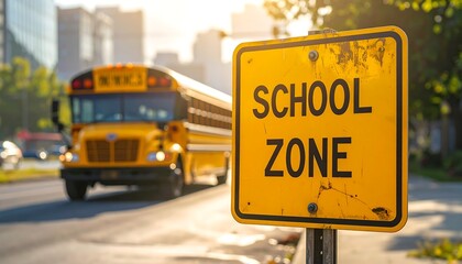 School zone sign with blurred yellow bus approaching in city. Urban setting, sunny day. Education concept