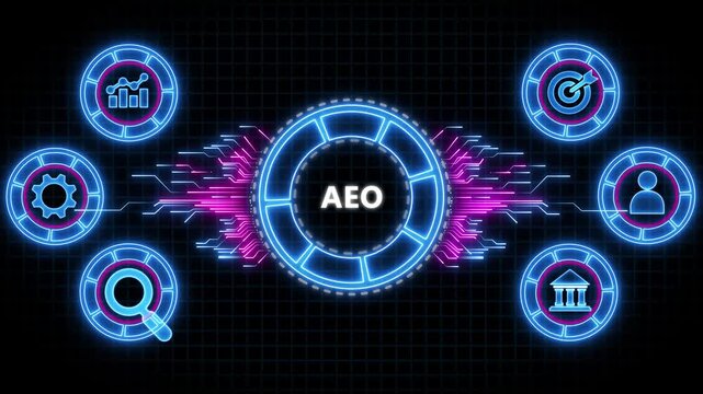 AEO Answer Engine Optimization Strategy Concept. Animated Circuit board futuristic processing background.