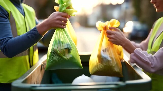 Four strong hands from two sanitation workers lifting heavy plastic garbage bin tilting contents into truck compactor waste bags visible falling residential street with houses