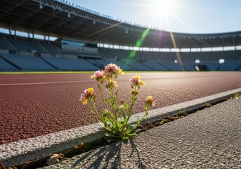 A lone wildflower pushes through the concrete at the edge of a stadium running track