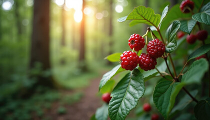 Forest in the background,free space for text on the side, berry in close-up