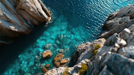 Drone capturing aerial view of coastline, turquoise water and cliffs, cinematic perspective, travel filmmaking, technology and beauty, modern exploration, creative direction, freed