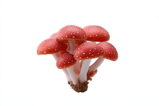 Red amanita mushrooms cluster with white dots on white background