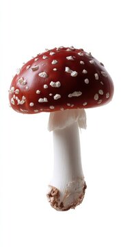 Close-up of red amanita mushroom with white spots on white background
