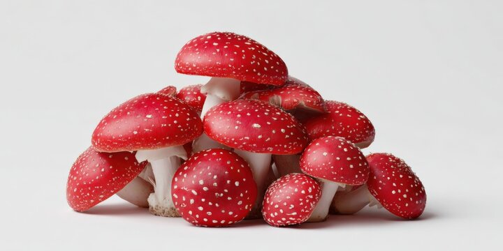 Cluster of red amanita muscaria mushrooms with white spots on smooth caps
