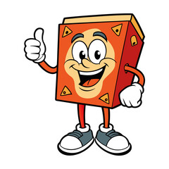 Funny cartoon vector illustration of a pizza box character giving thumbs up