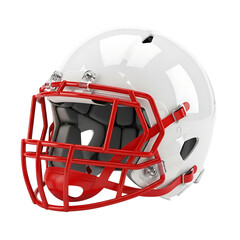 Fototapeta premium White American Football Helmet with Red Face Mask and Straps on Black Background sports equipment protective gear isolated on a transparent background