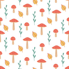 Fly agaric mushroom, leaves seamless pattern. Vector Illustration for printing, backgrounds, covers and packaging. Image can be used for greeting card, poster and textile. Isolated on white background