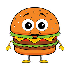 Cartoon character hamburger with a big smile, sesame bun, beef, cheese, lettuce, and tomato, isolated vector illustration