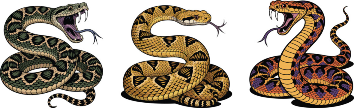 Aggressive Rattlesnake Striking Vector Set: Open Mouth Pit Viper Illustration Collection