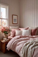 Cozy Bedroom With Soft Pink Decor and Natural Light in a Serene Setting