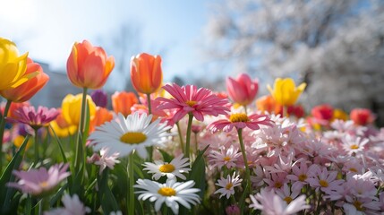 Obraz premium Colorful Spring Flowers Blooming in Sunlight