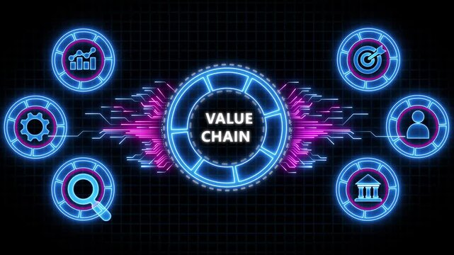 Value chain, business concept. Digital animation glowing blue circuit lines, technology, data flow.
