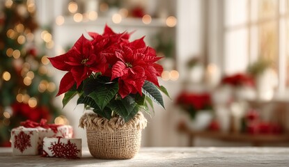 Festive Poinsettias Arranged on a Table Against a Cozy Holiday Backdrop