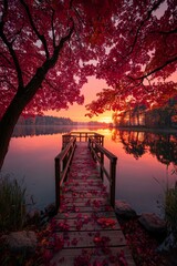 Serene Sunset View From a Wooden Dock Surrounded by Vibrant Autumn Foliage at a Tranquil Lake
