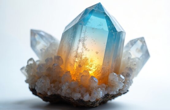 Large pale blue crystal cluster glows with warm yellow inner light. Small white crystals grow on rock base. Natural mineral formation shows clear facets, textured surface. Light shines through