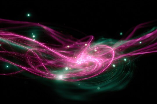 Glowing pink and green light trails on black background
