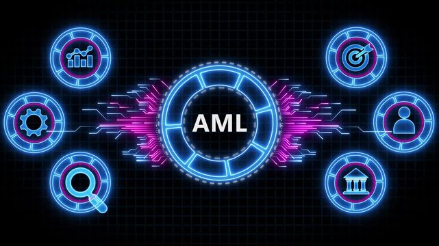 AML Anti-Money Laundering Concept. Digital animation glowing blue circuit lines, technology, data flow.