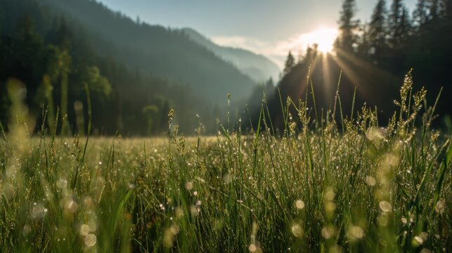 Soft morning light illuminates a tranquil valley. Dewdrops glisten on vibrant grass as mist clings to the surrounding mountains, creating a serene atmosphere. - Powered by Adobe