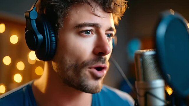 Voice actor recording narration in soundproof booth, microphone and pop filter, warm light, expression and tone, storytelling craft, media production, artistic communication, cinem