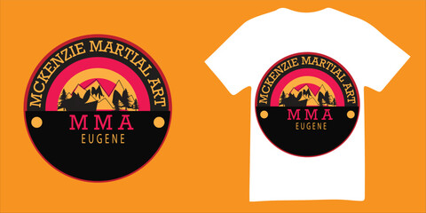 Martial arts logo t-shirt design featuring mountains, pine trees, and snow—perfect vector for dojo branding, sportswear, and outdoor-inspired apparel on Adobe Stock.